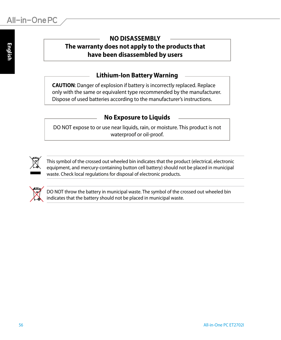 No exposure to liquids | Asus ET2702IGTH User Manual | Page 56 / 60