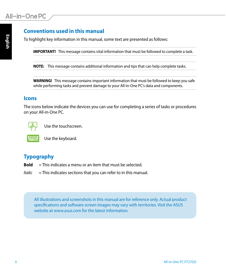 Conventions used in this manual, Icons, Typography | Conventions used in this manual icons typography | Asus ET2702IGTH User Manual | Page 6 / 60