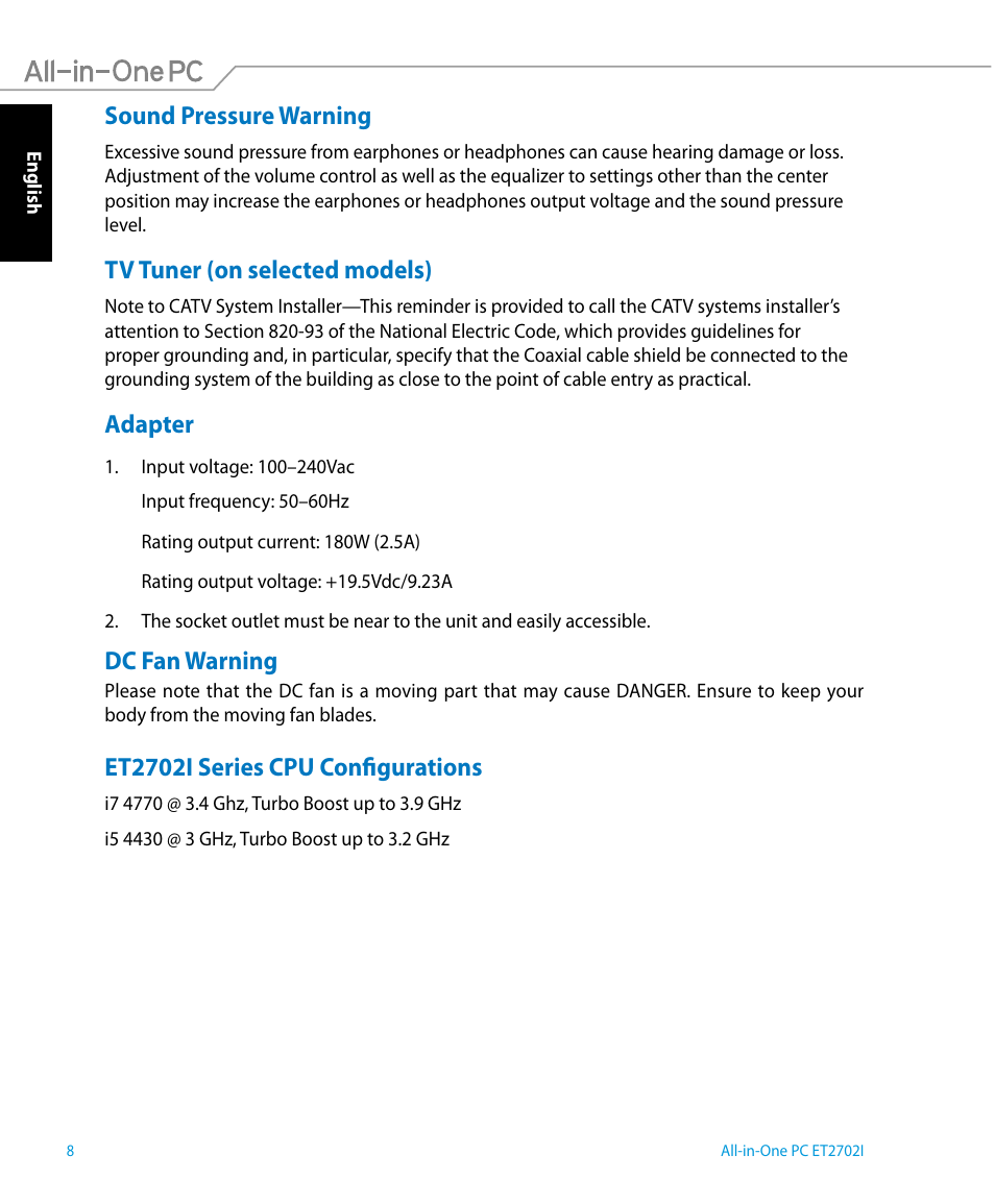 Sound pressure warning, Tv tuner (on selected models), Adapter | Dc fan warning, Et2702i series cpu configurations | Asus ET2702IGTH User Manual | Page 8 / 60