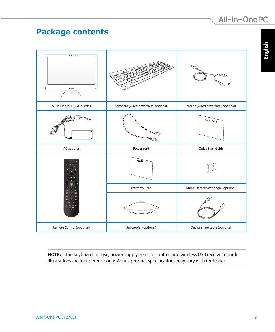 Package contents, English | Asus ET2702IGTH User Manual | Page 9 / 60