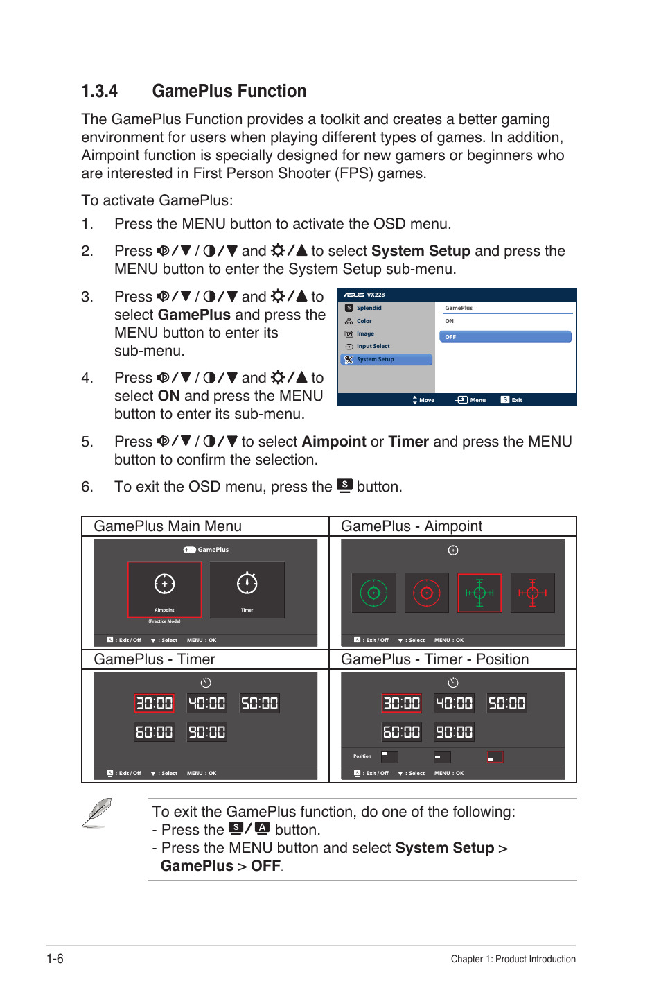 4 gameplus function, Gameplus function -6, Gameplus - timer gameplus - timer - position | Asus VX228H User Manual | Page 13 / 28