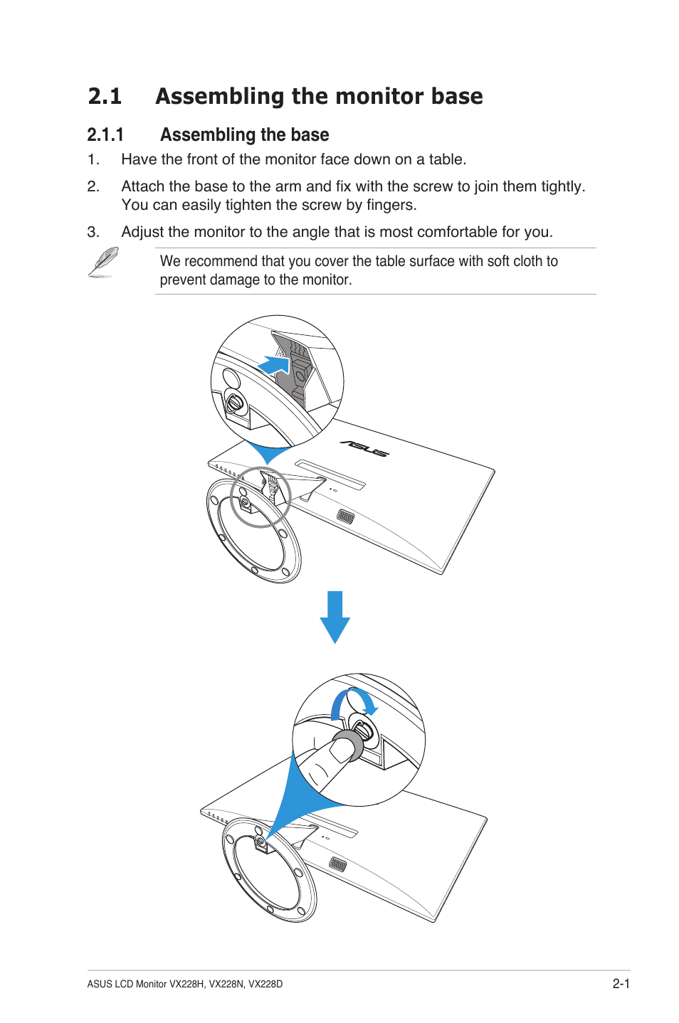 1 assembling the monitor base, 1 assembling the base, Assembling the monitor base -1 2.1.1 | Assembling the base -1 | Asus VX228H User Manual | Page 14 / 28