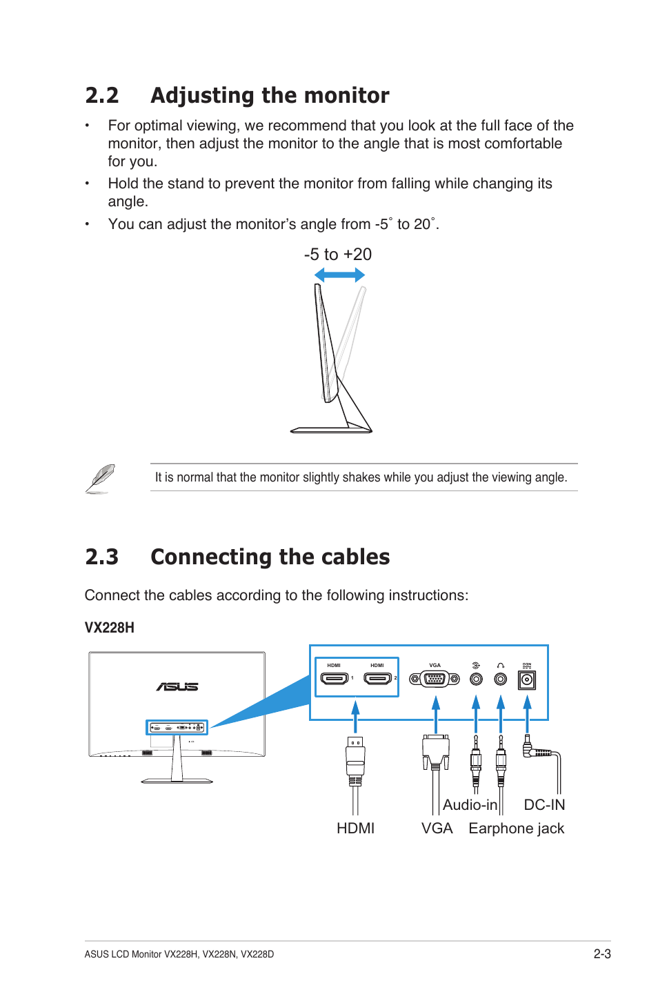 2 adjusting the monitor, 3 connecting the cables, Adjusting the monitor -3 | Connecting the cables -3, 5 to +20 | Asus VX228H User Manual | Page 16 / 28