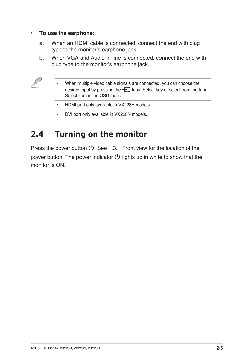 4 turning on the monitor, Turning on the monitor -5 | Asus VX228H User Manual | Page 18 / 28