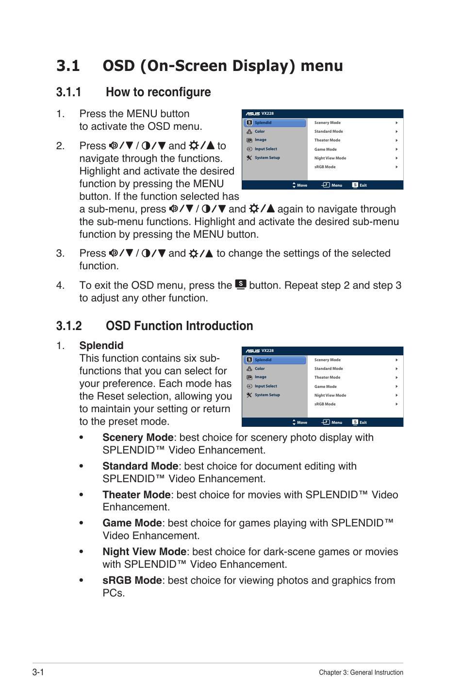 1 osd (on-screen display) menu, 1 how to reconfigure, 2 osd function introduction | Osd (on-screen display) menu -1 3.1.1, How to reconfigure -1, Osd function introduction -1 | Asus VX228H User Manual | Page 19 / 28