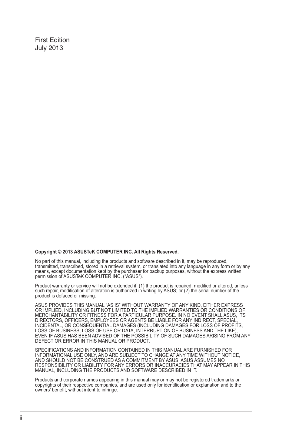 First edition july 2013 | Asus VX228H User Manual | Page 2 / 28