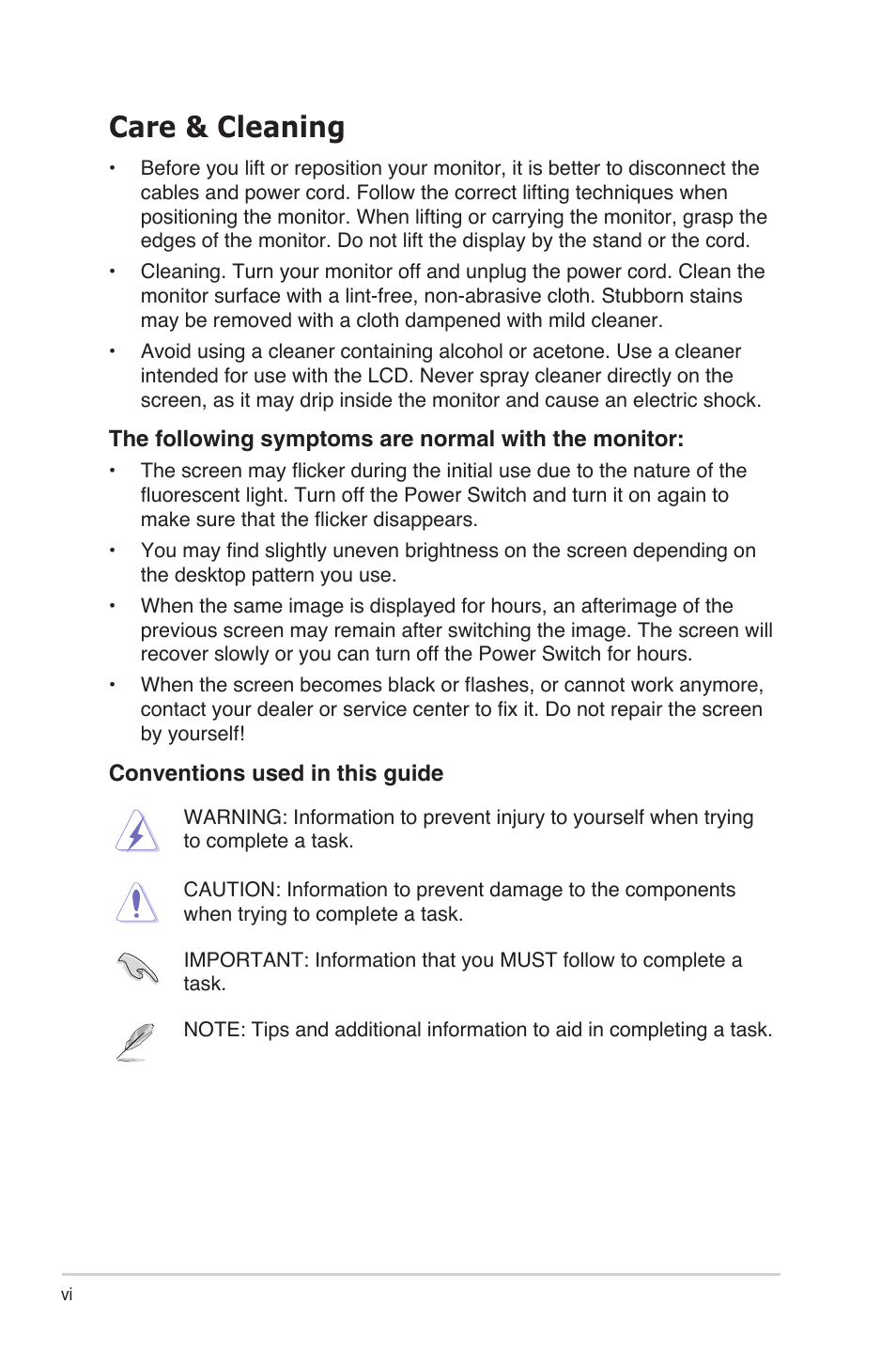 Care & cleaning | Asus VX228H User Manual | Page 6 / 28