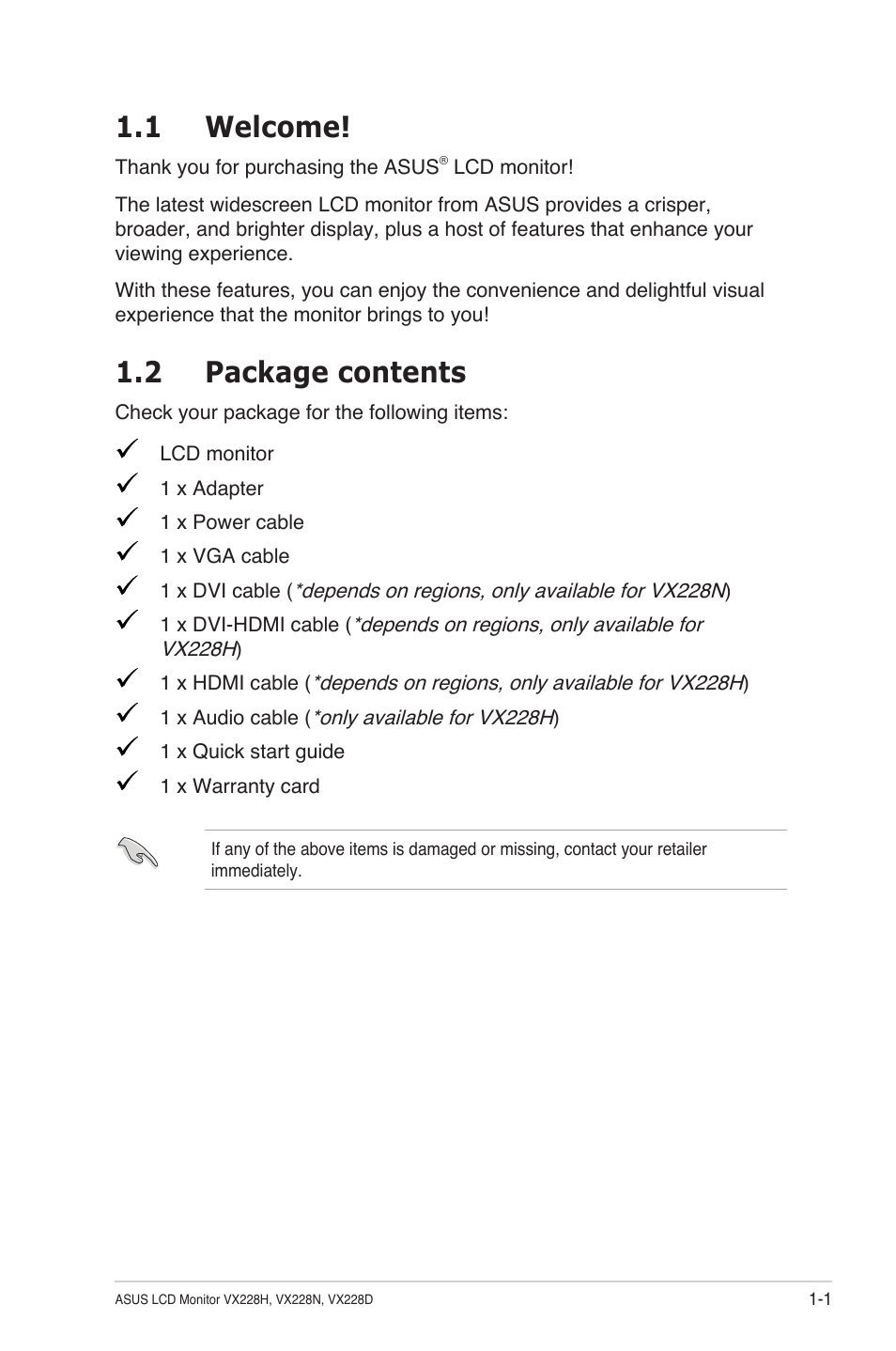 1 welcome, 2 package contents, 1 welcome! -1 1.2 | Package contents -1 | Asus VX228H User Manual | Page 8 / 28