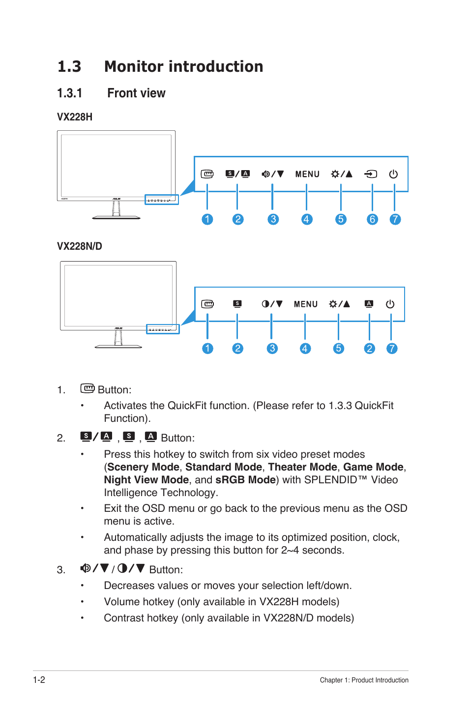 3 monitor introduction, 1 front view, Monitor introduction -2 1.3.1 | Front view -2 | Asus VX228H User Manual | Page 9 / 28