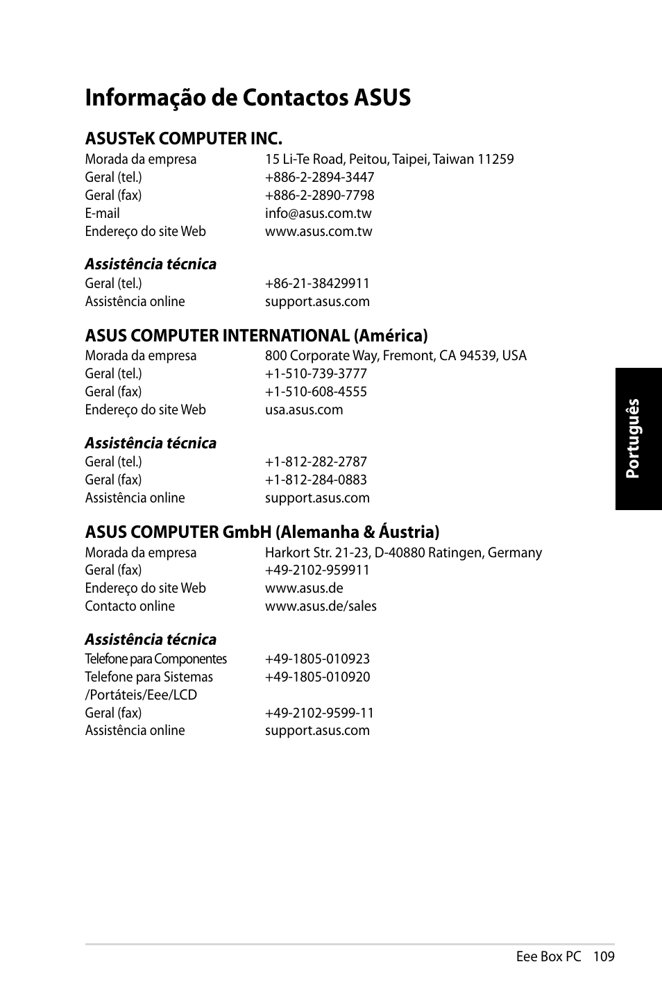 Informação de contactos asus, Por tuguês por tuguês por tuguês por tuguês, Asustek computer inc | Asus computer international (américa), Asus computer gmbh (alemanha & áustria) | Asus EB1007 User Manual | Page 109 / 109