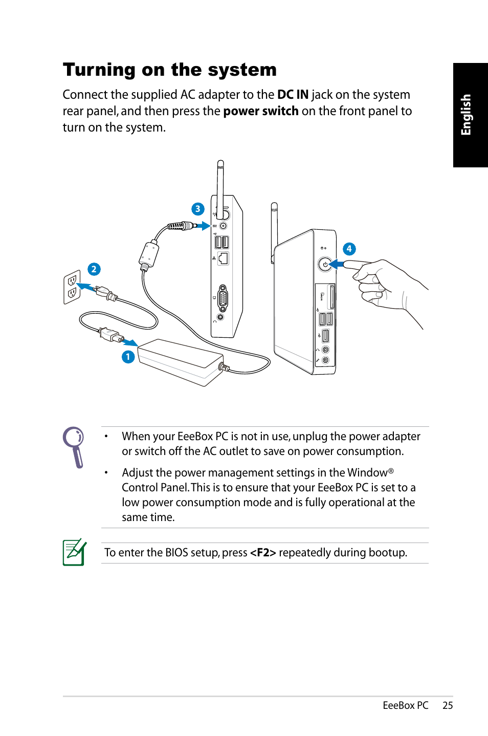 Turning on the system | Asus EB1007 User Manual | Page 25 / 109