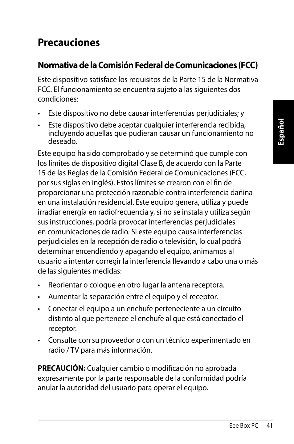 Precauciones | Asus EB1007 User Manual | Page 41 / 109