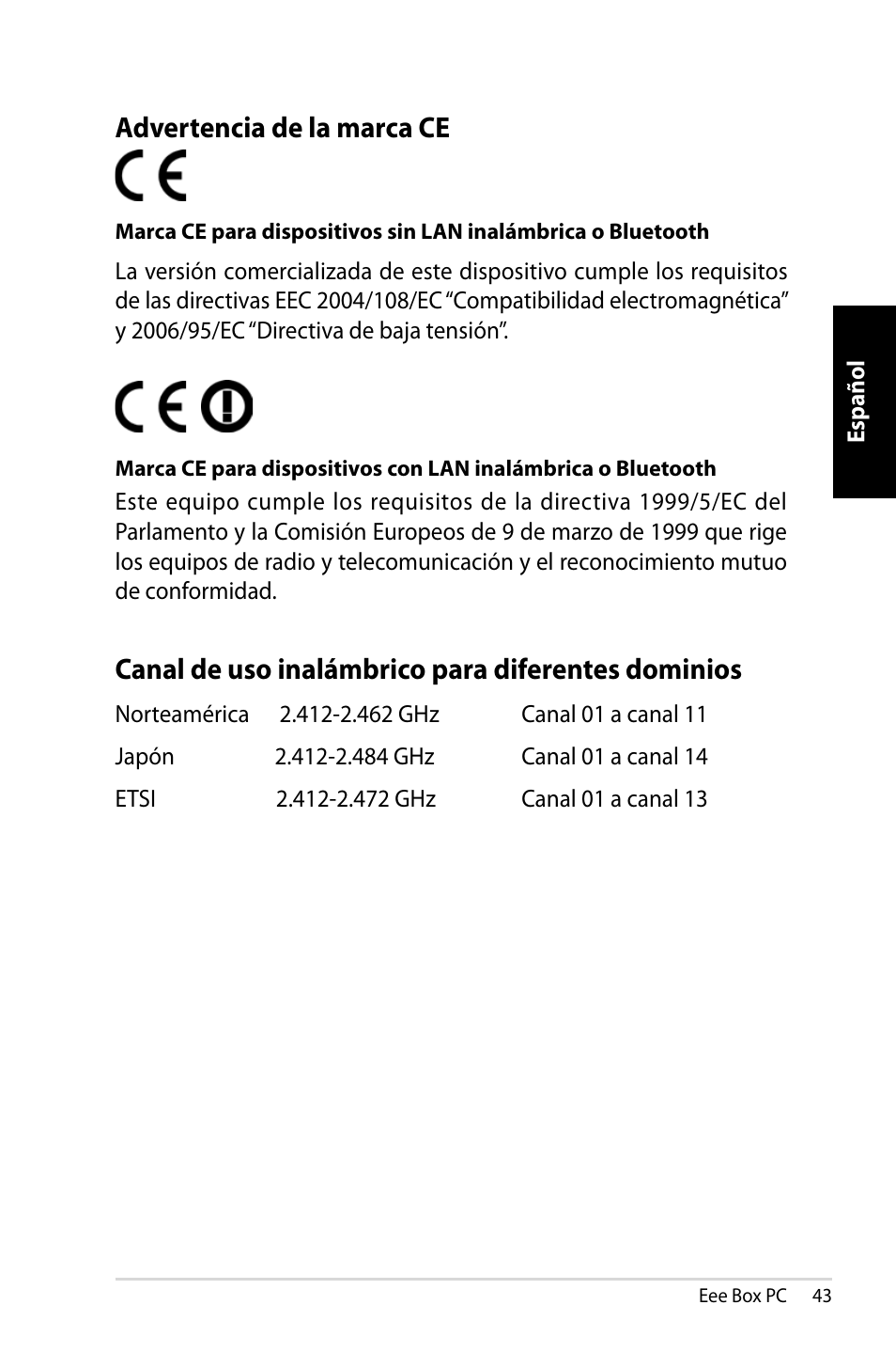 Canal de uso inalámbrico para diferentes dominios, Advertencia de la marca ce | Asus EB1007 User Manual | Page 43 / 109