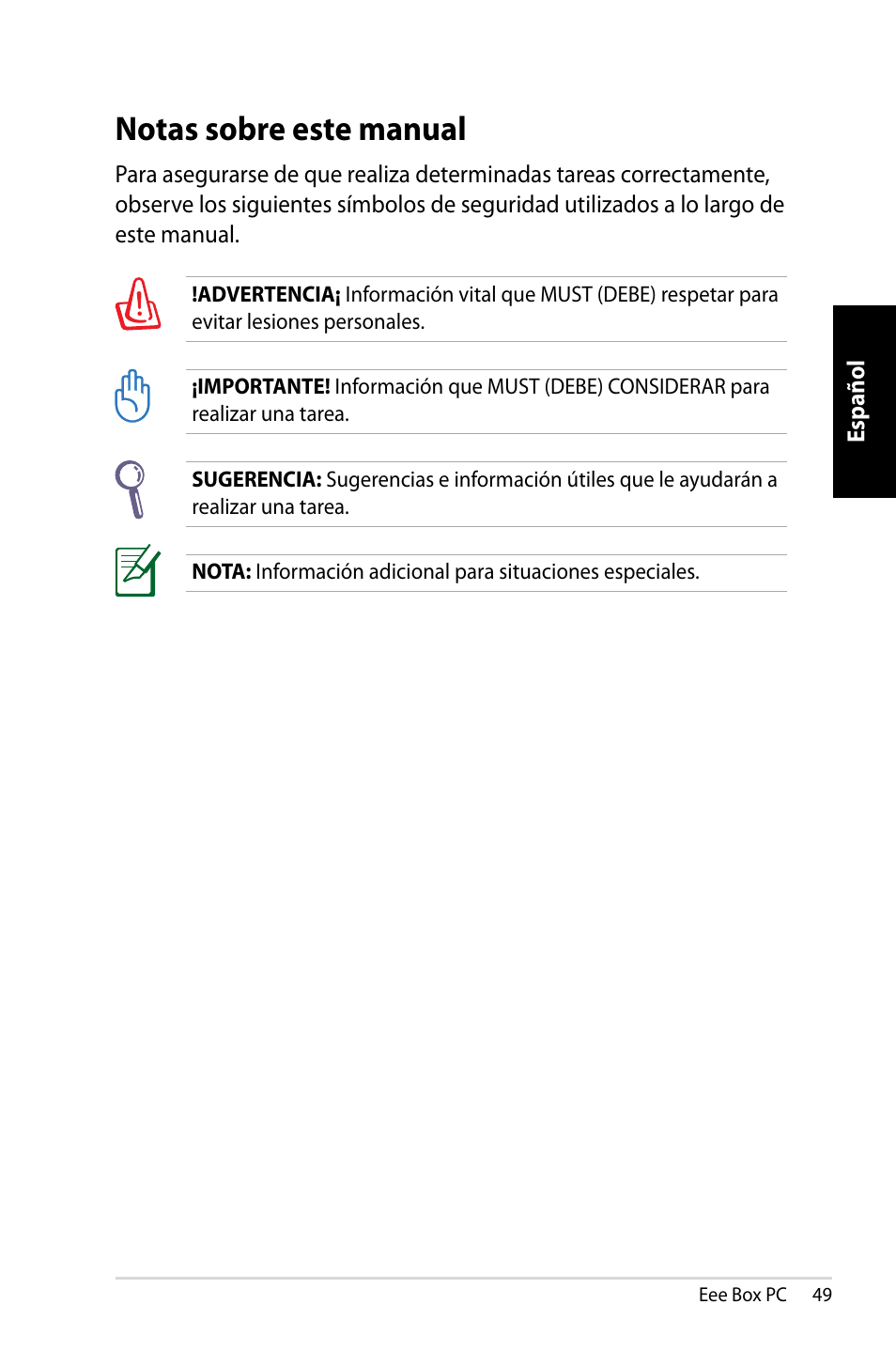 Notas sobre este manual | Asus EB1007 User Manual | Page 49 / 109