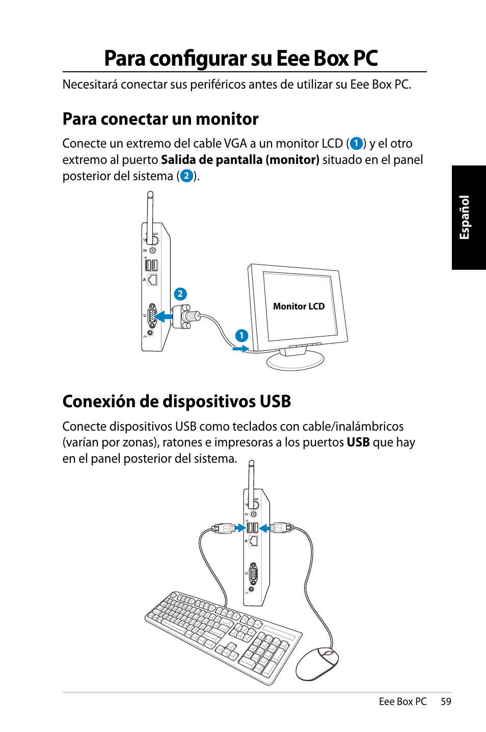 Para configurar su eee box pc, Para conectar un monitor, Conexión de dispositivos usb | Asus EB1007 User Manual | Page 59 / 109