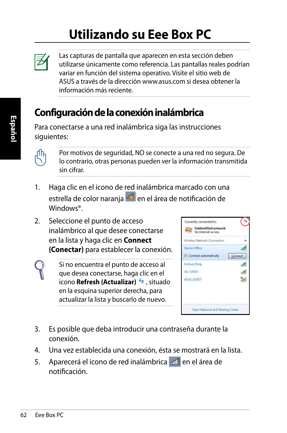 Utilizando su eee box pc, Configuración de la conexión inalámbrica | Asus EB1007 User Manual | Page 62 / 109