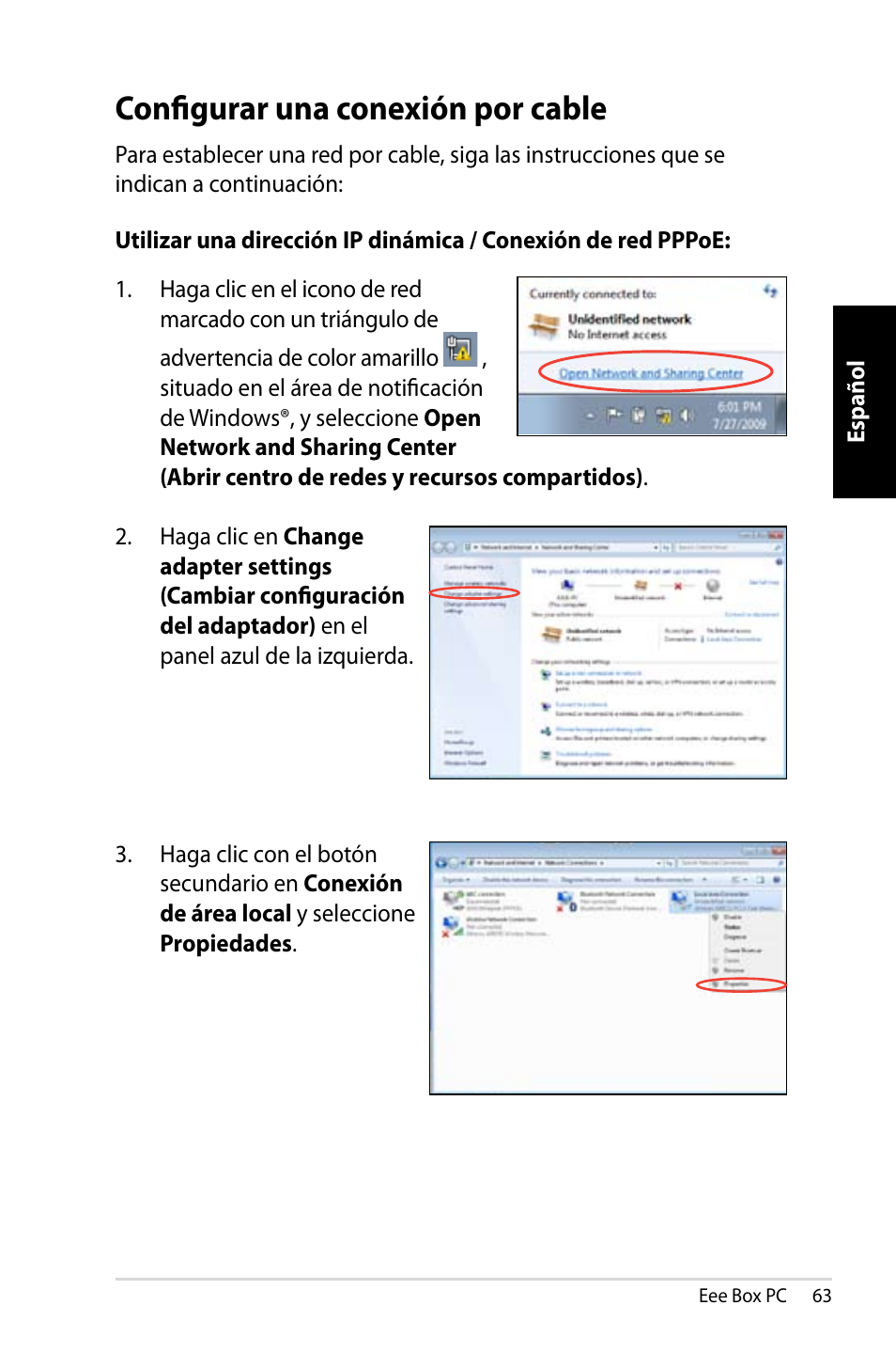 Configurar una conexión por cable | Asus EB1007 User Manual | Page 63 / 109