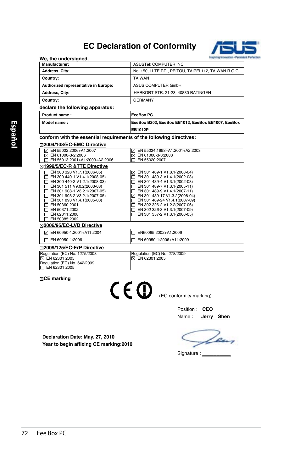 Español, Ec declaration of conformity, 72 eee box pc | Asus EB1007 User Manual | Page 72 / 109