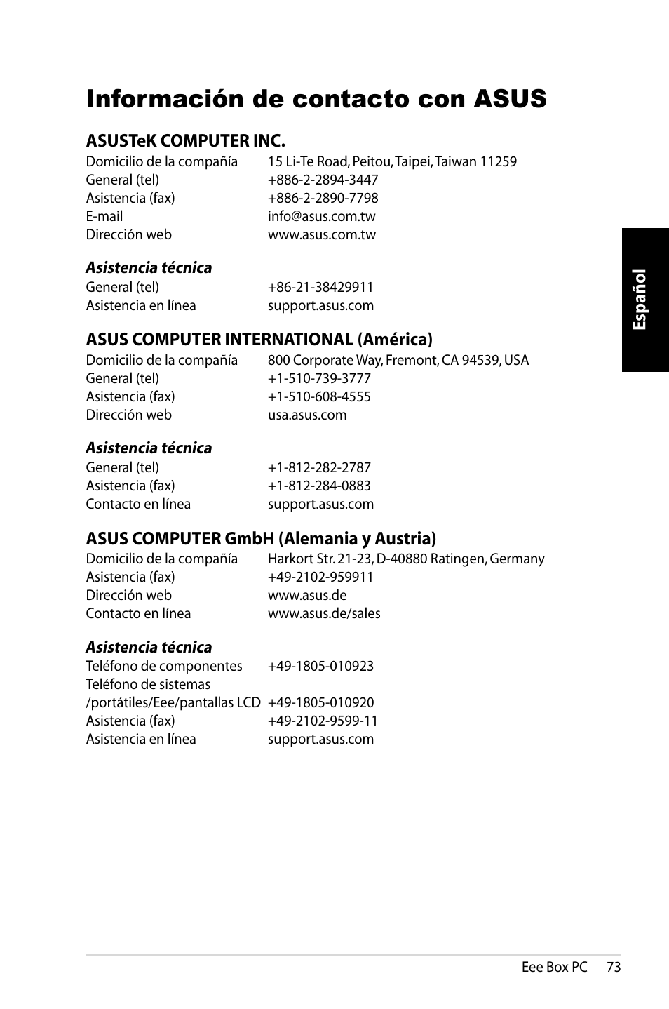 Información de contacto con asus, Español, Asustek computer inc | Asus computer international (américa), Asus computer gmbh (alemania y austria) | Asus EB1007 User Manual | Page 73 / 109