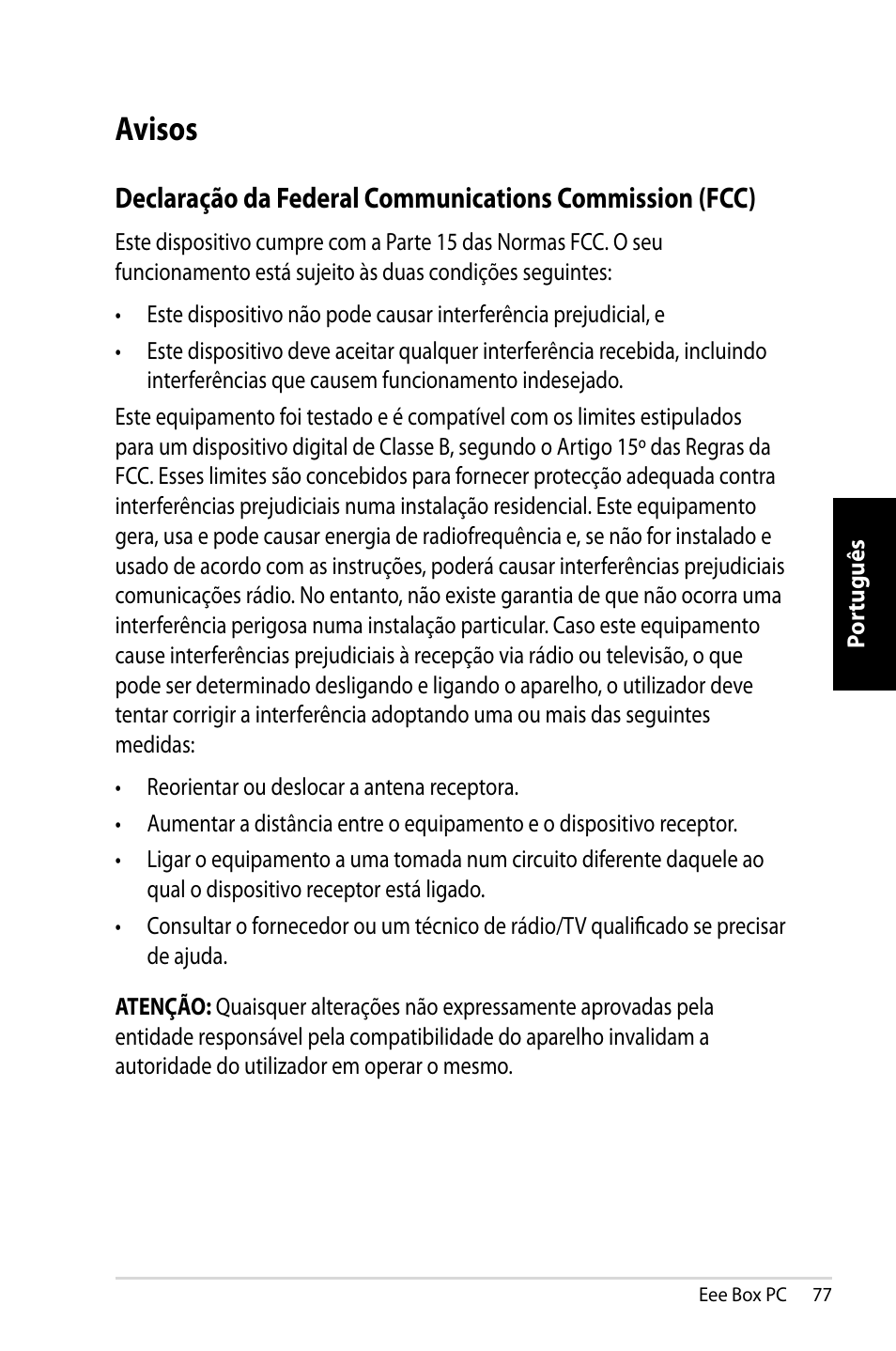 Avisos | Asus EB1007 User Manual | Page 77 / 109