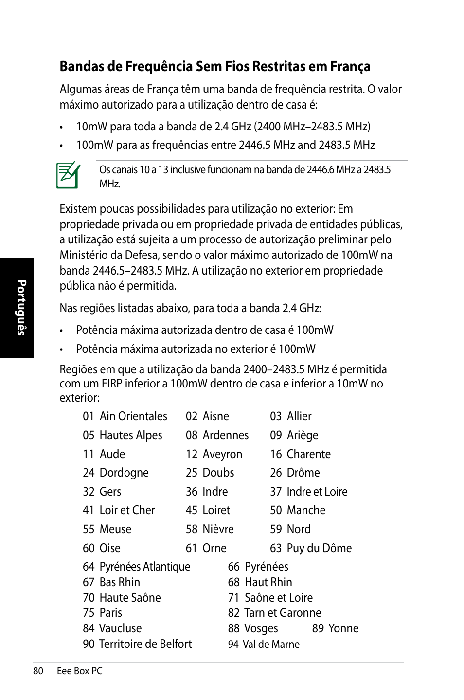 Bandas de frequência sem fios restritas em frança | Asus EB1007 User Manual | Page 80 / 109