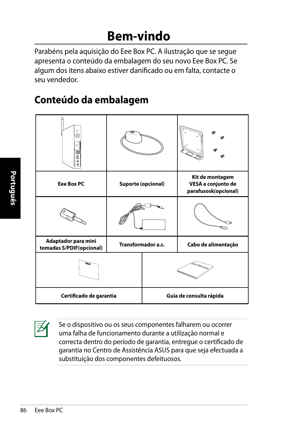 Bem-vindo, Conteúdo da embalagem | Asus EB1007 User Manual | Page 86 / 109