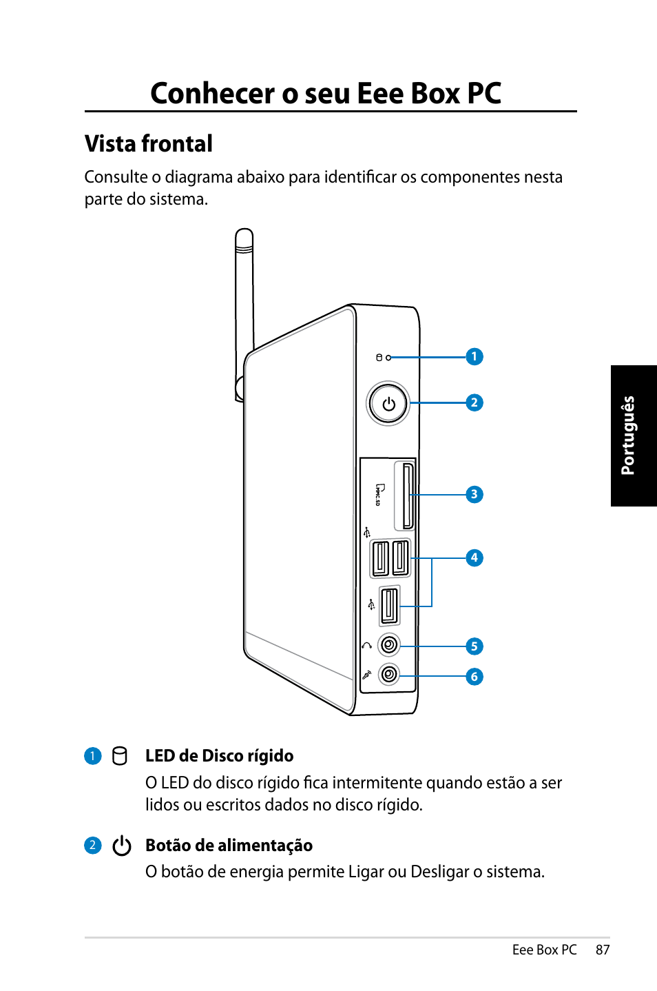 Conhecer o seu eee box pc, Vista frontal | Asus EB1007 User Manual | Page 87 / 109