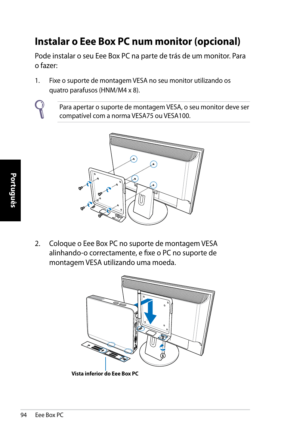 Instalar o eee box pc num monitor (opcional) | Asus EB1007 User Manual | Page 94 / 109