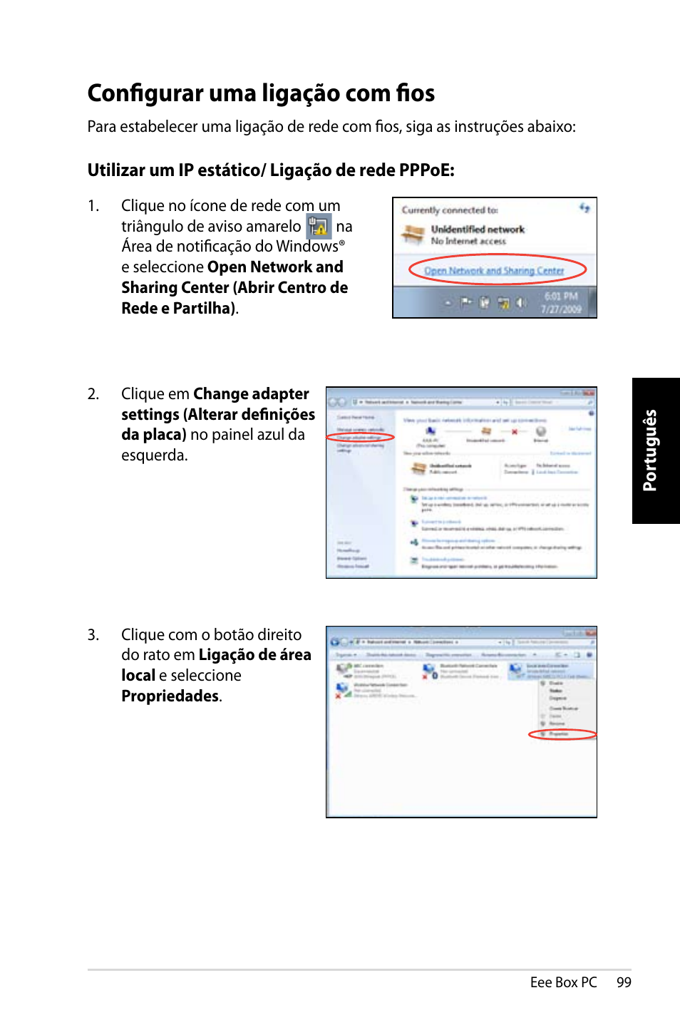 Configurar uma ligação com fios | Asus EB1007 User Manual | Page 99 / 109