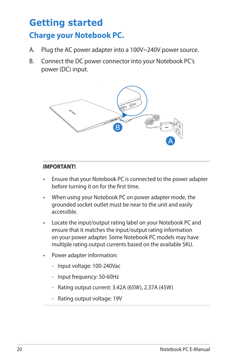 Getting started, Charge your notebook pc | Asus U38N User Manual | Page 20 / 98