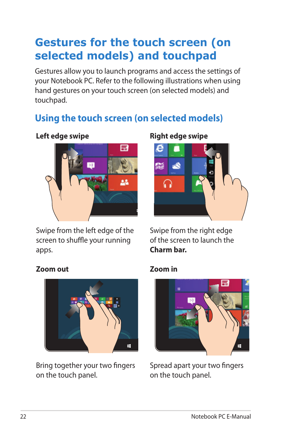 Using the touch screen (on selected models) | Asus U38N User Manual | Page 22 / 98