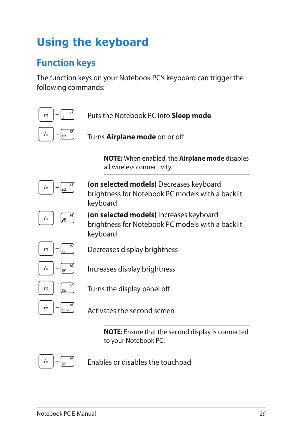 Using the keyboard, Function keys | Asus U38N User Manual | Page 29 / 98