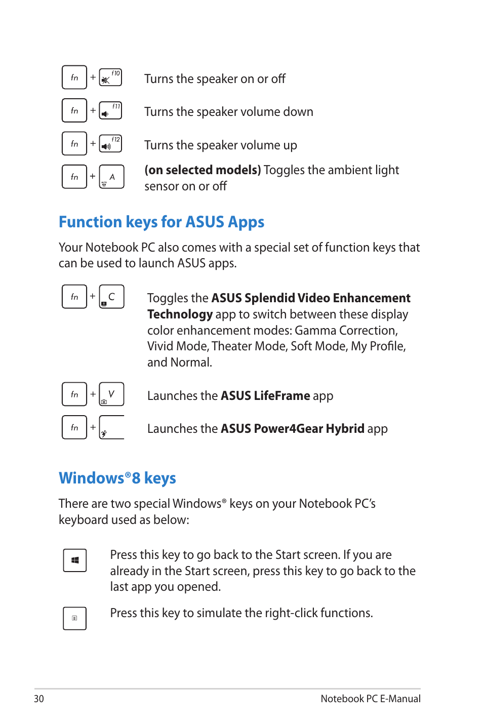 Function keys for asus apps, Windows®8 keys, Function keys for asus apps windows®8 keys | Asus U38N User Manual | Page 30 / 98