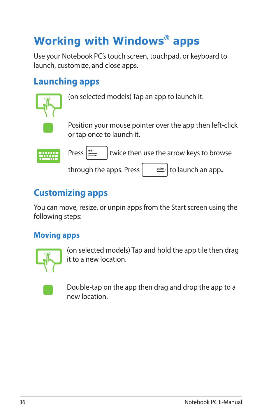 Working with windows® apps, Launching apps, Customizing apps | Working with windows, Launching apps customizing apps, Apps | Asus U38N User Manual | Page 36 / 98