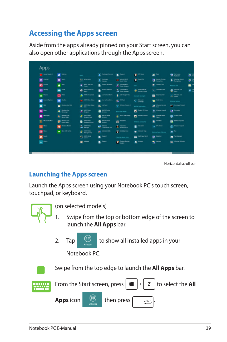 Accessing the apps screen | Asus U38N User Manual | Page 39 / 98