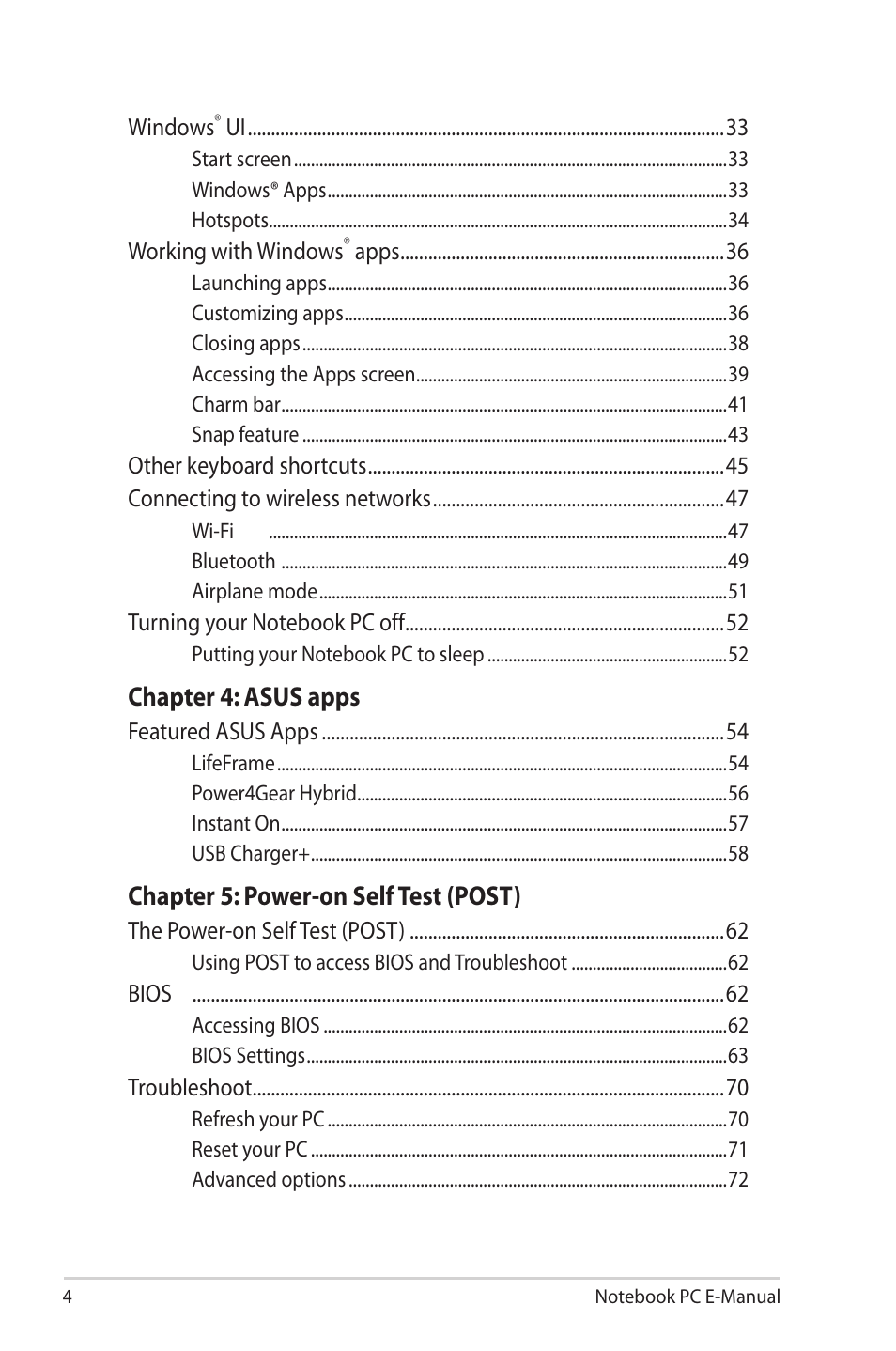 Chapter 4: asus apps, Chapter 5: power-on self test (post) | Asus U38N User Manual | Page 4 / 98