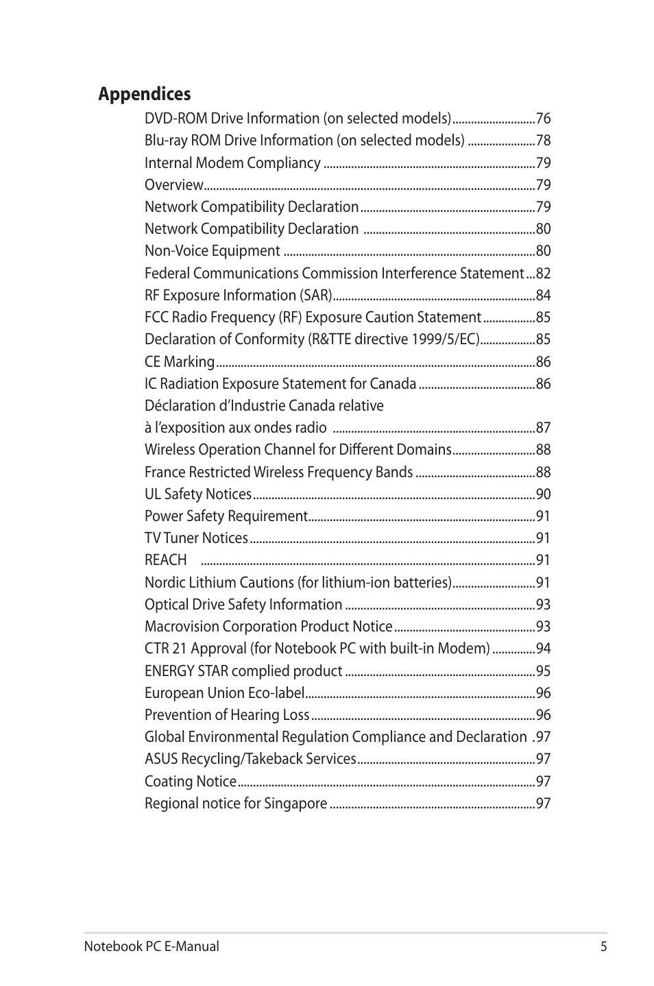 Appendices | Asus U38N User Manual | Page 5 / 98
