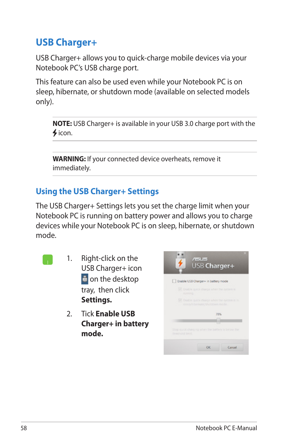 Usb charger | Asus U38N User Manual | Page 58 / 98