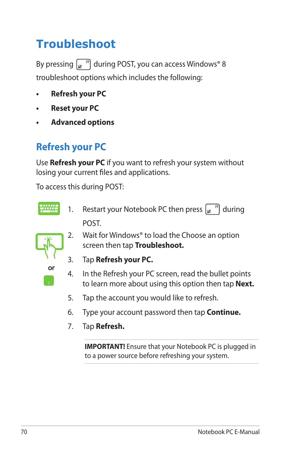 Troubleshoot, Refresh your pc | Asus U38N User Manual | Page 70 / 98