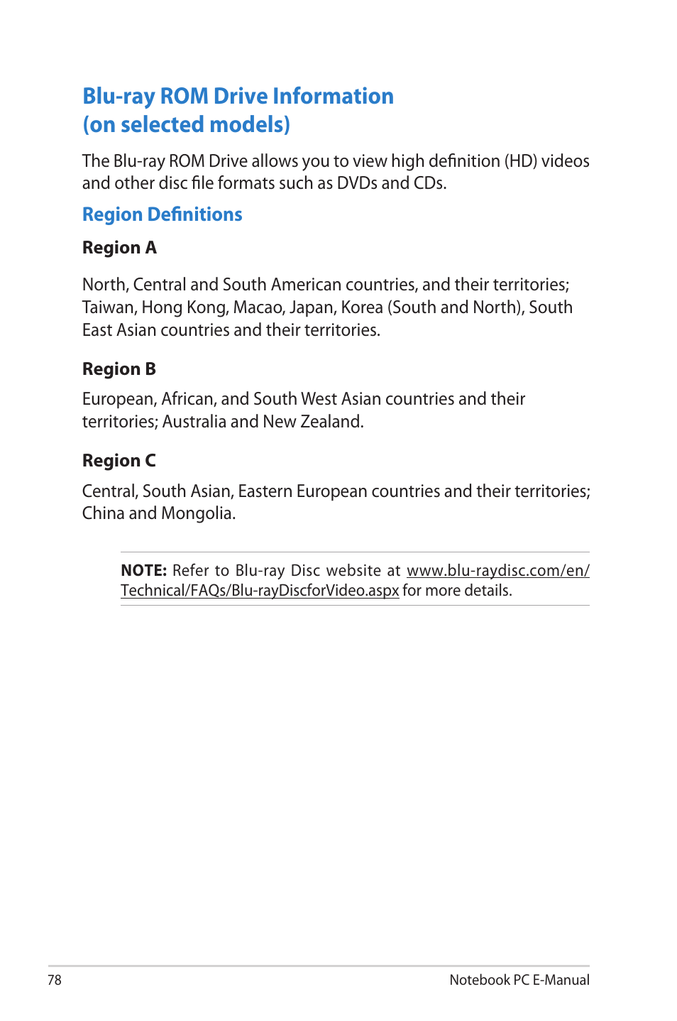 Blu-ray rom drive information (on selected models) | Asus U38N User Manual | Page 78 / 98