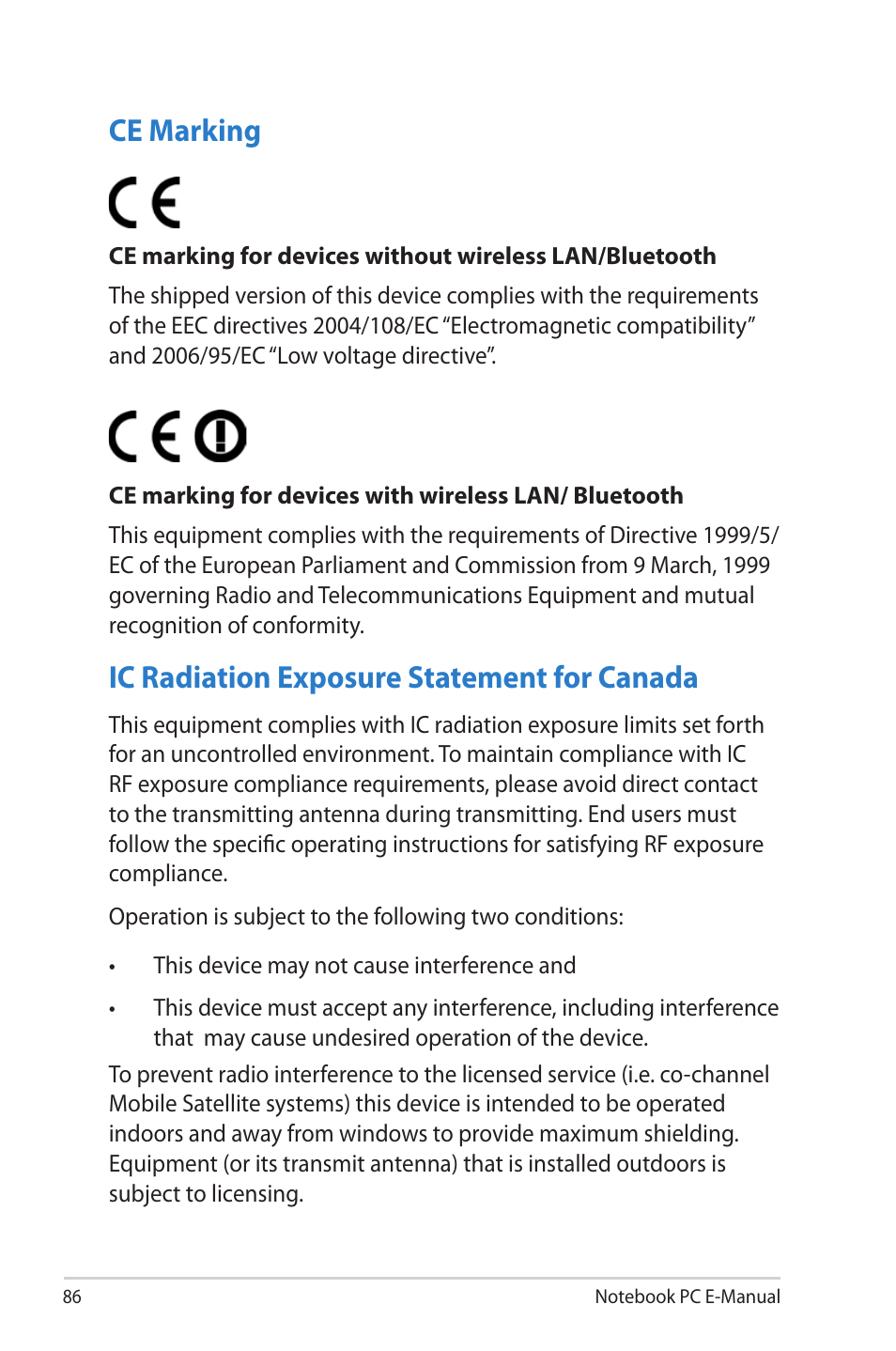 Ce marking, Ic radiation exposure statement for canada | Asus U38N User Manual | Page 86 / 98