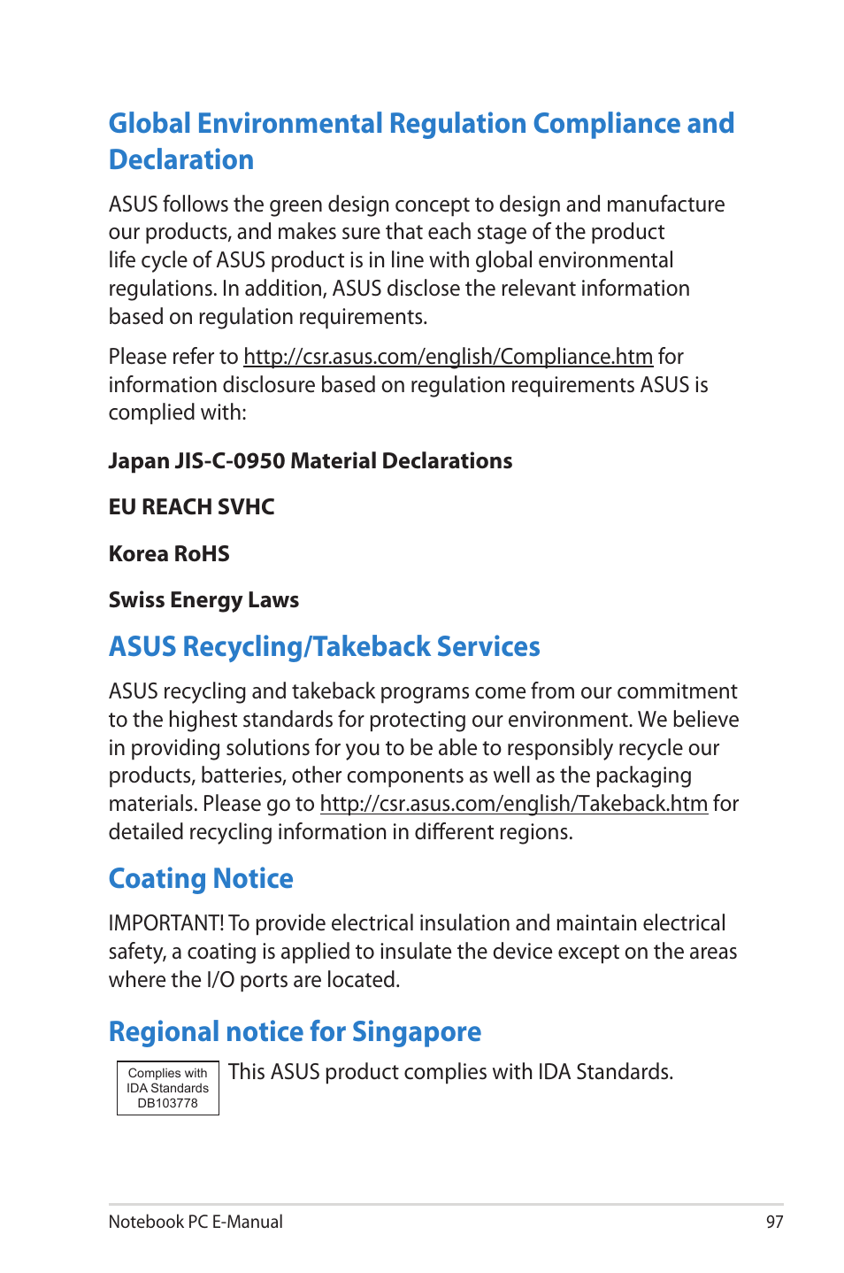 Asus recycling/takeback services, Coating notice, Regional notice for singapore | Asus U38N User Manual | Page 97 / 98