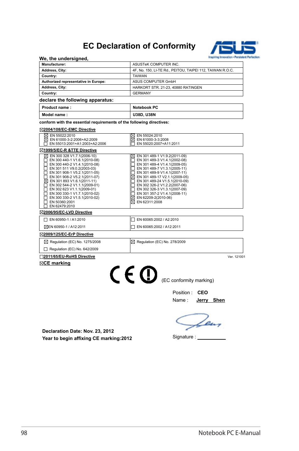 Ec declaration of conformity | Asus U38N User Manual | Page 98 / 98