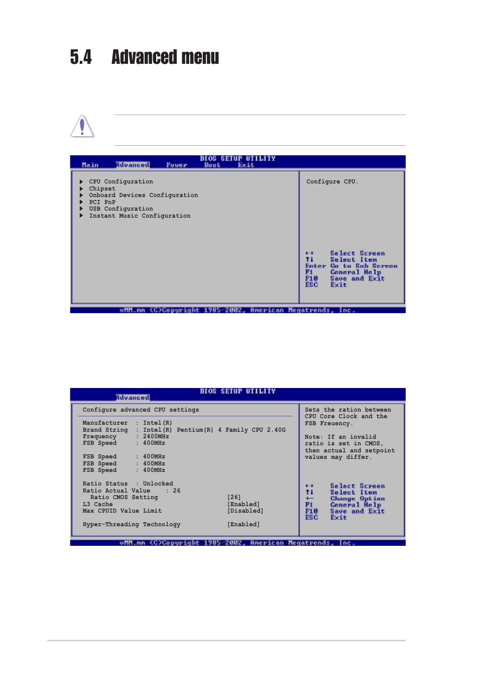 4 advanced menu, 1 cpu configuration, Ratio cmos setting [26 | 102 chapter 5: bios setup | Asus T2-P User Manual | Page 102 / 128