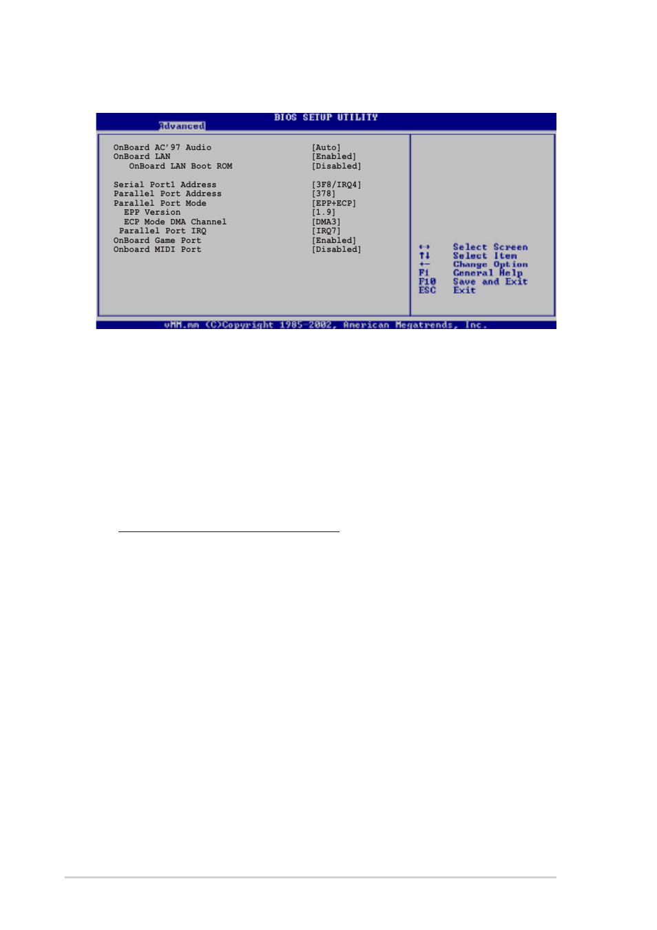 3 onboard devices configuration, Onboard ac’97 audio [auto, Onboard lan [enabled | Serial port1 address [3f8/irq4, Parallel port address [378, Parallel port mode [epp+ecp, 106 chapter 5: bios setup | Asus T2-P User Manual | Page 106 / 128