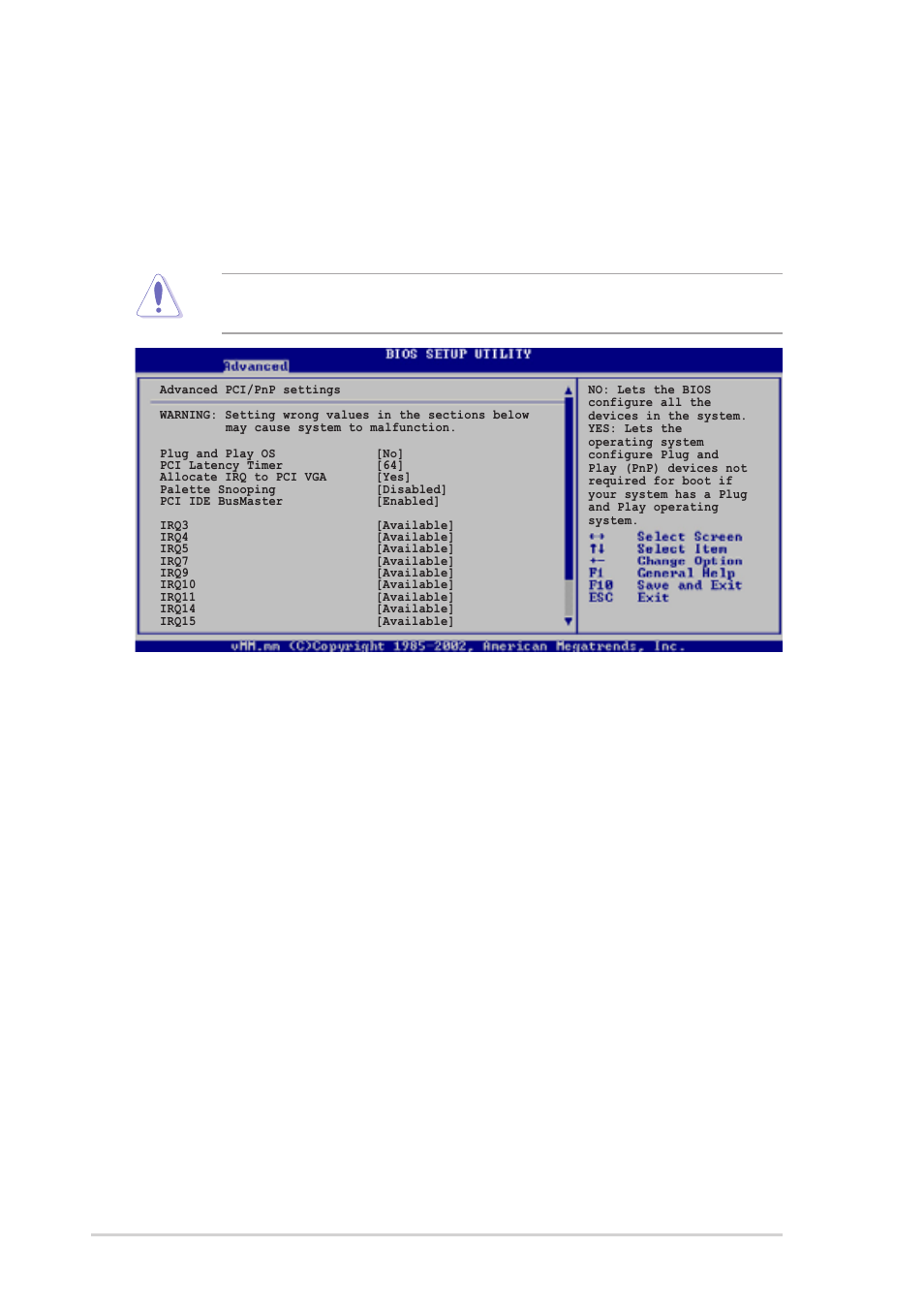 4 pci pnp, Plug and play o/s [no, Pci latency timer [64 | Allocate irq to pci vga [yes, Palette snooping [disabled, 108 chapter 5: bios setup | Asus T2-P User Manual | Page 108 / 128