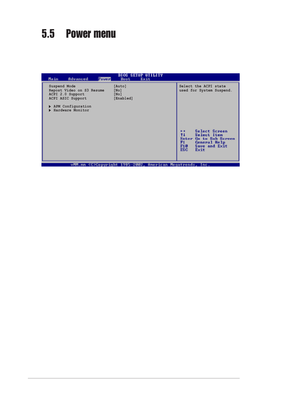 5 power menu, 1 suspend mode [auto, 2 repost video on s3 resume [no | 3 acpi 2.0 support [no, 4 acpi apic support [enabled | Asus T2-P User Manual | Page 112 / 128