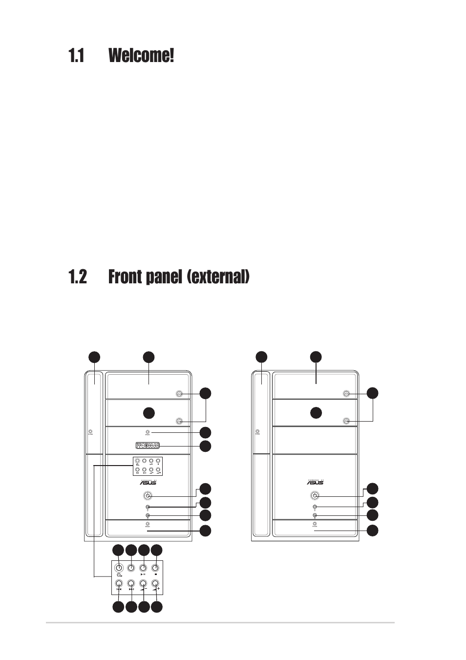 1 welcome, 2 front panel (external) | Asus T2-P User Manual | Page 14 / 128