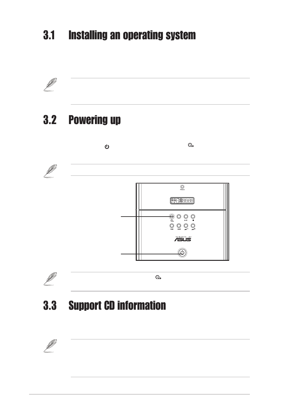 1 installing an operating system, 3 support cd information, 2 powering up | Asus T2-P User Manual | Page 46 / 128