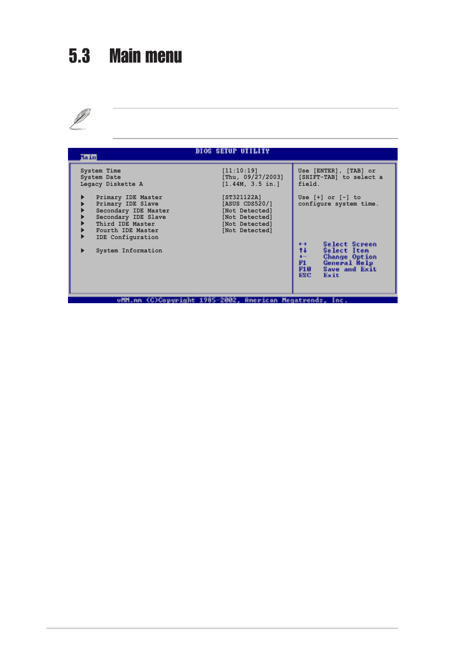 3 main menu, 98 chapter 5: bios setup, This item allows you to set the system time | This item allows you to set the system date | Asus T2-P User Manual | Page 98 / 128